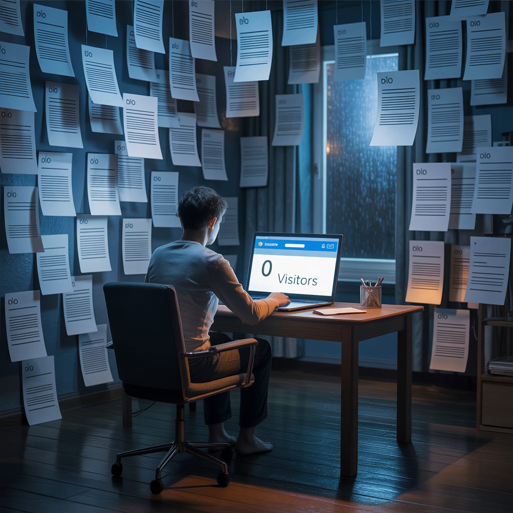 Blogger looking at analytics showing zero traffic while planning blog promotion strategy on laptop