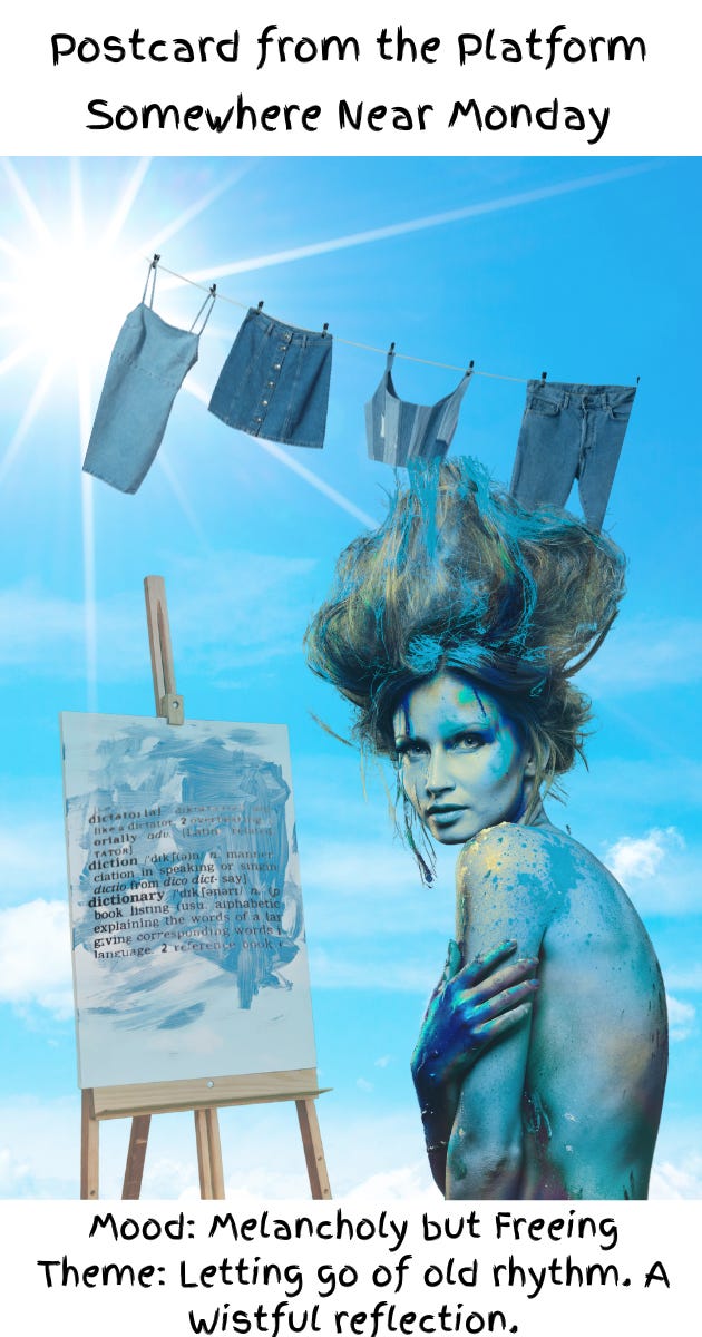 A surreal collage-style image with a bright blue sky, sun rays, and clothes hanging on a line. A striking Muse-like figure, her skin painted in oceanic blues and her hair teased upward with dynamic motion, stands beside an easel displaying a painted-over dictionary page. Text at the top reads: “Postcard from the Platform: Somewhere Near Monday.” Caption below reads: “Mood: Melancholy but Freeing. Theme: Letting go of old rhythm. A wistful reflection.”
