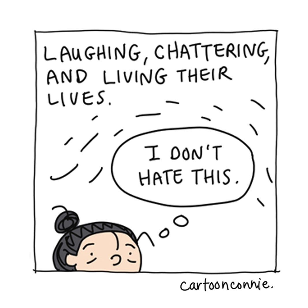 Excerpt from a 6-panel comic strip titled "Introvert in the City" by Connie Sun, cartoonconnie, 2025.  Excerpt from a 6-panel comic strip titled "Introvert in the City" by Connie Sun, cartoonconnie, 2025.