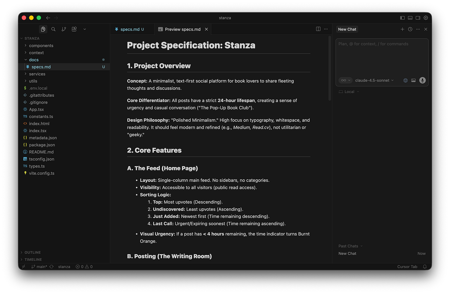 The Cursor interface shows a readable preview of the markdown file containing the application features. The Cursor interface shows a readable preview of the markdown file containing the application features.