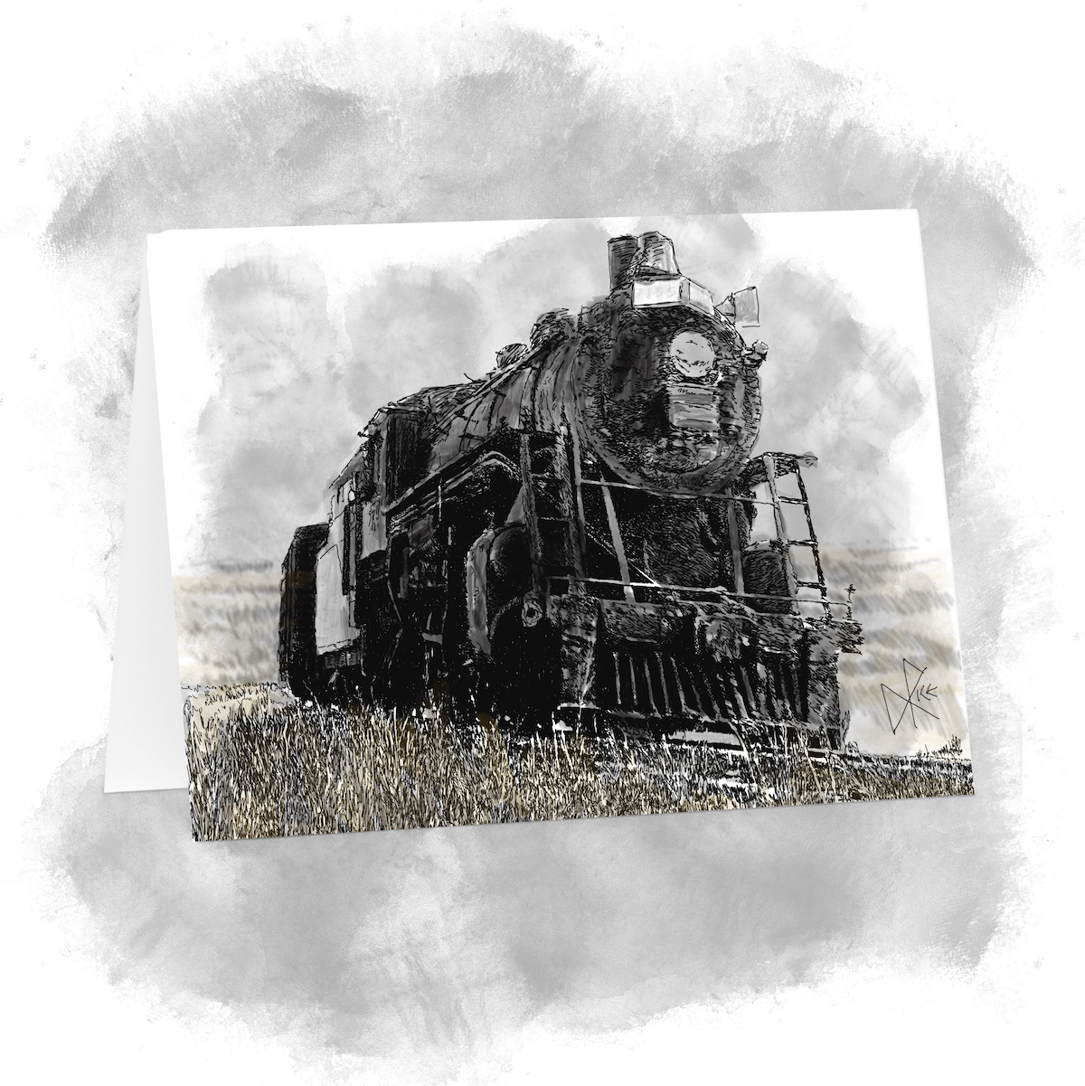 Steam locomotive, on the prairies. Sketch art by Don Rice. Steam locomotive, on the prairies. Sketch art by Don Rice.