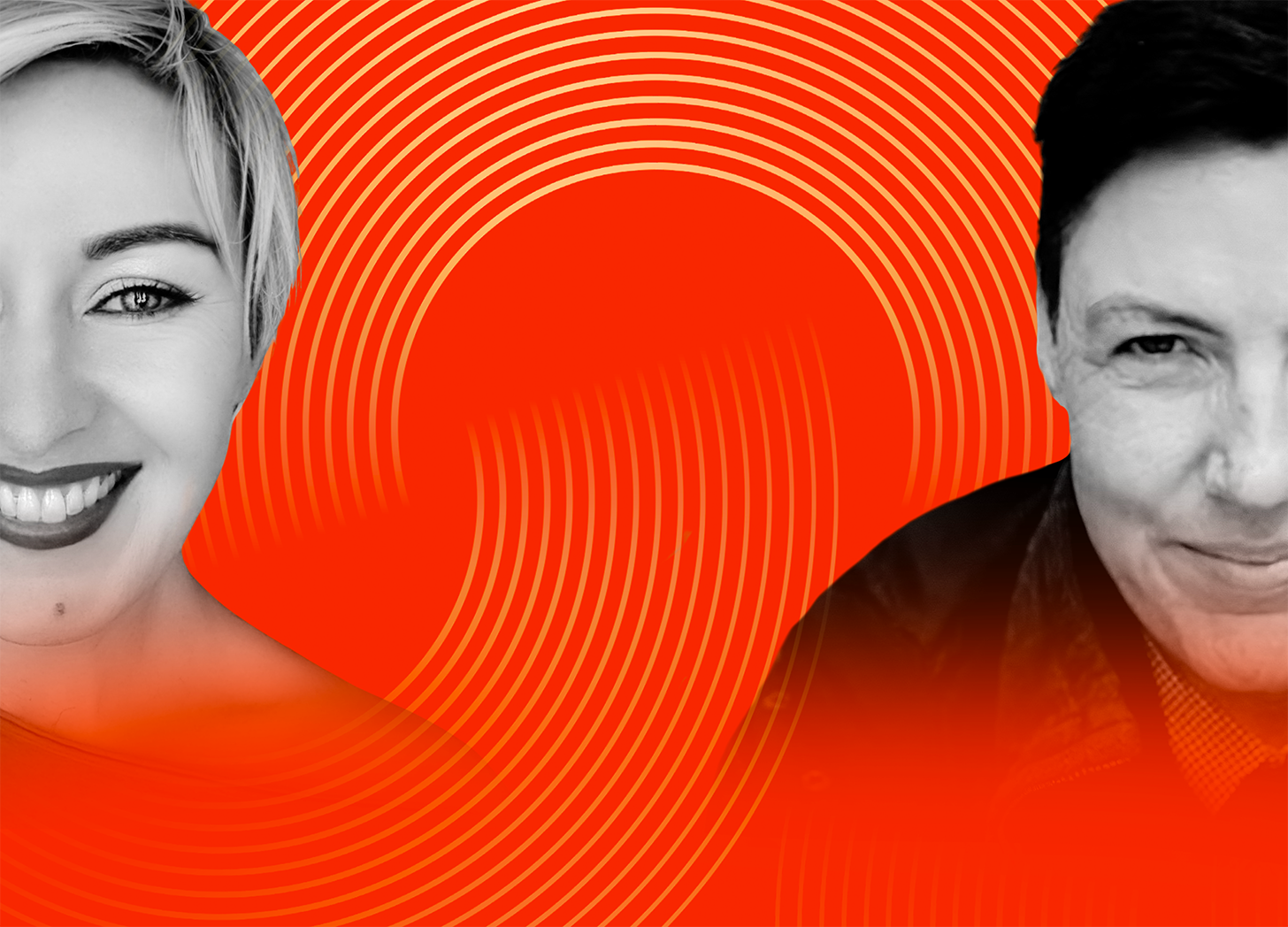 The black and white headshots of The Parallel Effect Podcast’s host, Daz Chandler and their guest MJ Barker are positioned parallel to each other on the edge of a rectangle with a vivid orange background made up of interlocking circles to suggest infinity and possibilities.