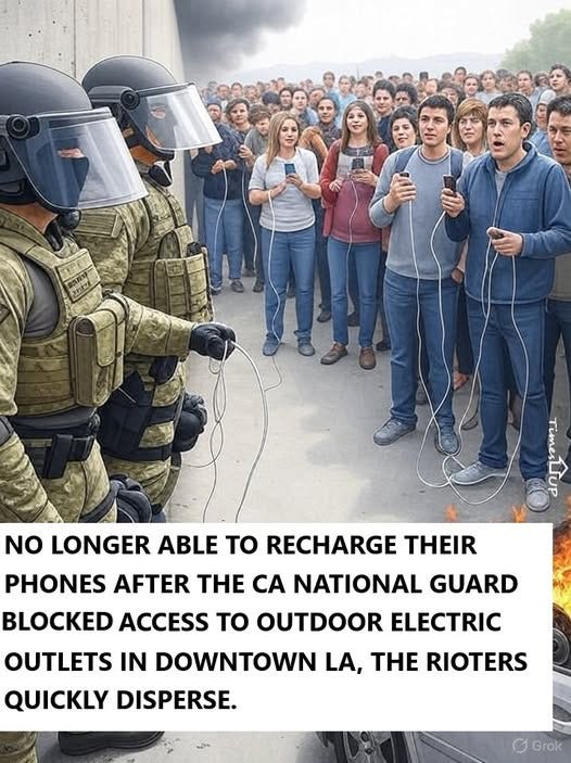 May be an image of 1 person, phone and text that says '32 E សេលលា NO LONGER ABLE TO RECHARGE THEIR PHONES AFTER THE A NATIONAL GUARD GUARD BLOCKED ACCESS TO OUTDOOR ELECTRIC OUTLETS IN DOWNTOWN LA, THE RIOTERS QUICKLY DISPERSE. Grok'