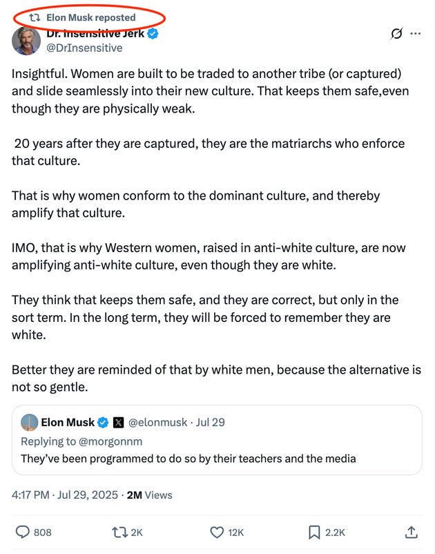 Elon Musk reposted this misogynistic and dehumanizing take on X earlier this week.