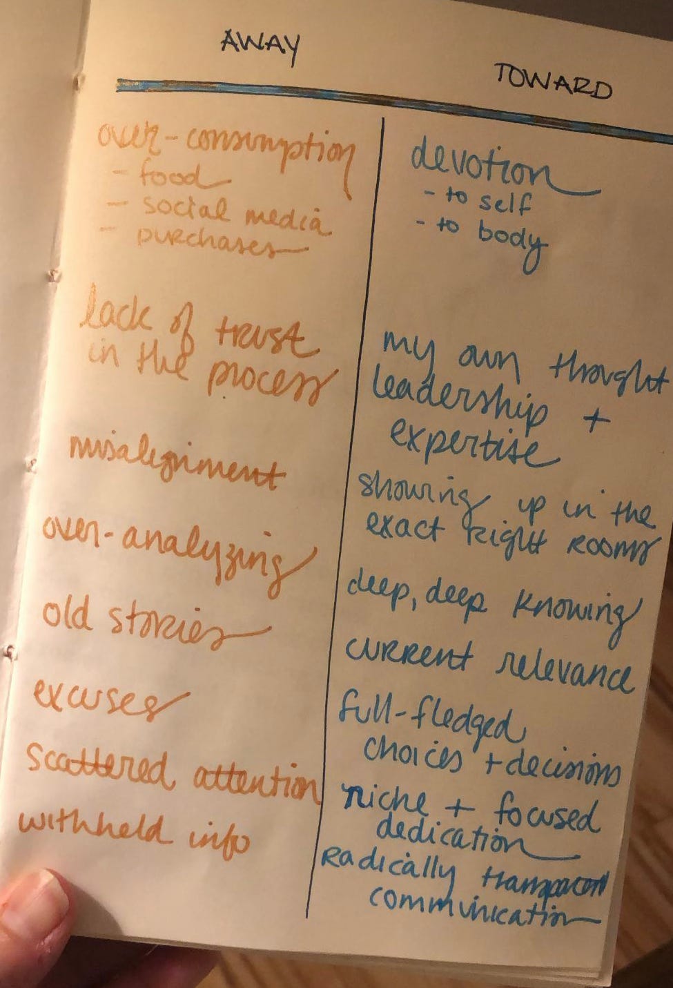 a notebook page with mustard ink and blue ink. The left side has notes in a column titled Away. The right side has notes in a column titled Toward