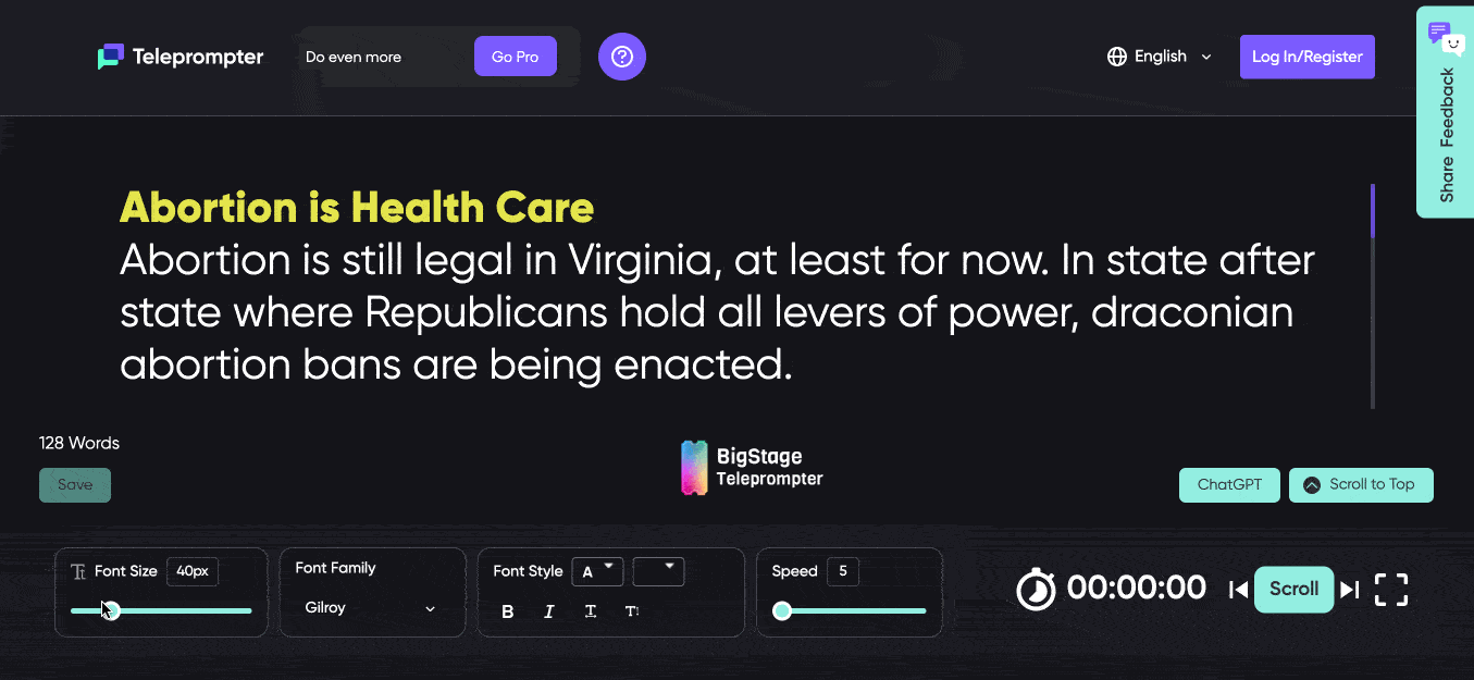 Put talking points into the Big Stage Teleprompter.