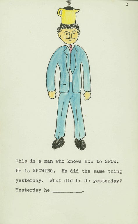 One of the original elicitation stimuli from Gleason’s 1958 experiment. On the top half of the page is a light blue, chick-like wug, with the text “This is a WUG”. On the bottom half of the page are two wugs side by side, with the text “Now there is another one. There are two of them. There are two [blank].