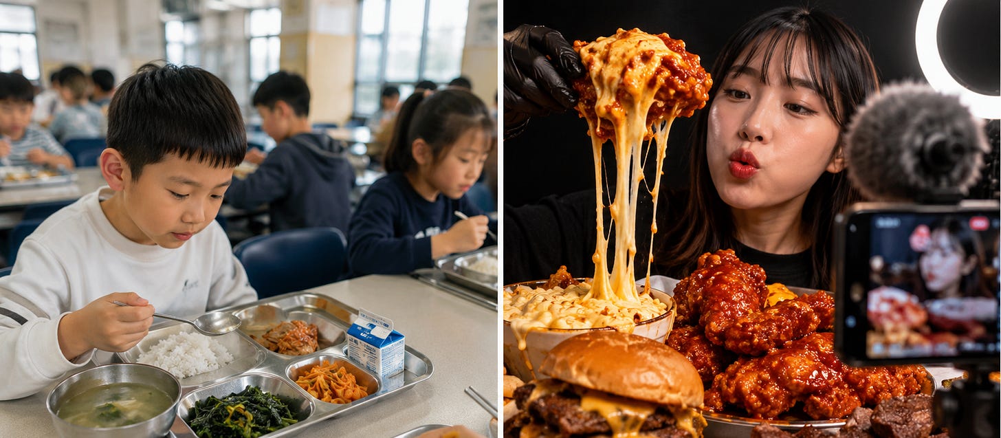 Split-screen image contrasting an ordinary school cafeteria meal and a mukbang-style food shoot: on the left, a child eats a simple lunch tray with rice, soup, vegetables (including spinach), and a milk carton in a bright cafeteria; on the right, a creator films an exaggerated spread of spicy, meat-heavy foods with a dramatic cheese pull under a ring light, with a microphone and phone camera visible.