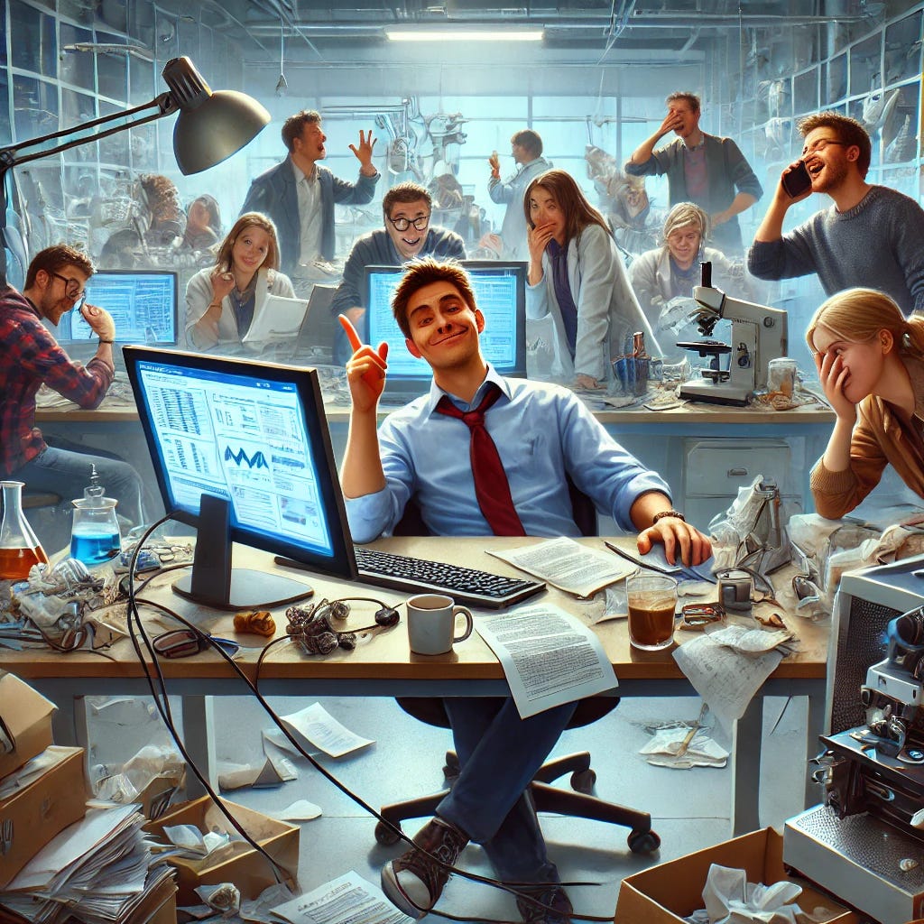 A chaotic university research lab scene with an overconfident and smug student sitting at a messy workstation, surrounded by broken equipment and disorganized papers. Other students in the background are visibly frustrated, some rolling their eyes and others whispering to each other. The central figure appears oblivious, smirking while pointing at a monitor with jumbled data. The lab is cluttered with blinking monitors, half-built experiments, and spilled coffee. The lighting is bright but adds to the uncomfortable tension, highlighting the central character's annoying demeanor.