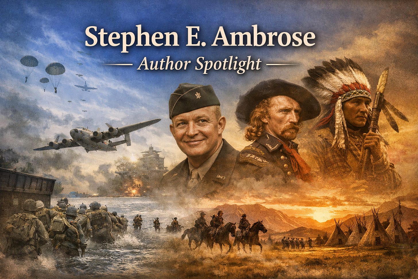 Social image for Stephen E. Ambrose Author Spotlight featuring WWII soldiers landing on a beach, a bomber overhead, and frontier figures against a dramatic split blue and gold sky. Social image for Stephen E. Ambrose Author Spotlight featuring WWII soldiers landing on a beach, a bomber overhead, and frontier figures against a dramatic split blue and gold sky.