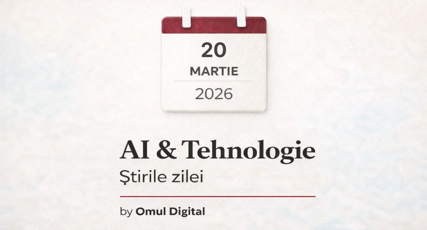 Banner editorial pentru rubrica AI & Tehnologie – Știrile zilei, cu un calendar minimalist ce afișează data de 20 martie 2026 și branding Omul Digital, pe fundal deschis, curat.