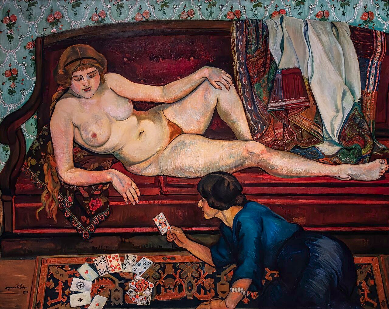 A woman sits with a cat in her lap, painted in strong outlines and warm colour A woman sits with a cat in her lap, painted in strong outlines and warm colour