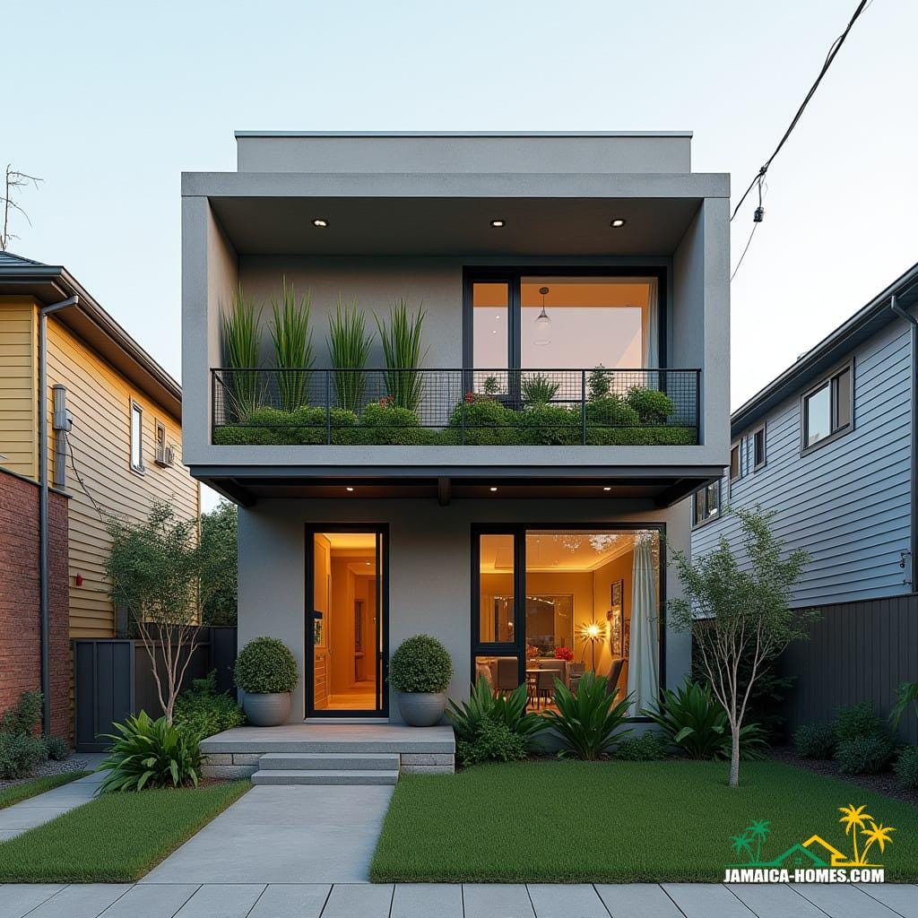 Compact Urban Modern Home Design: Single 20-ft concrete module with overlapping steel porch, urban small-lot optimized. Materials: Concrete, steel, glass, wood accents.