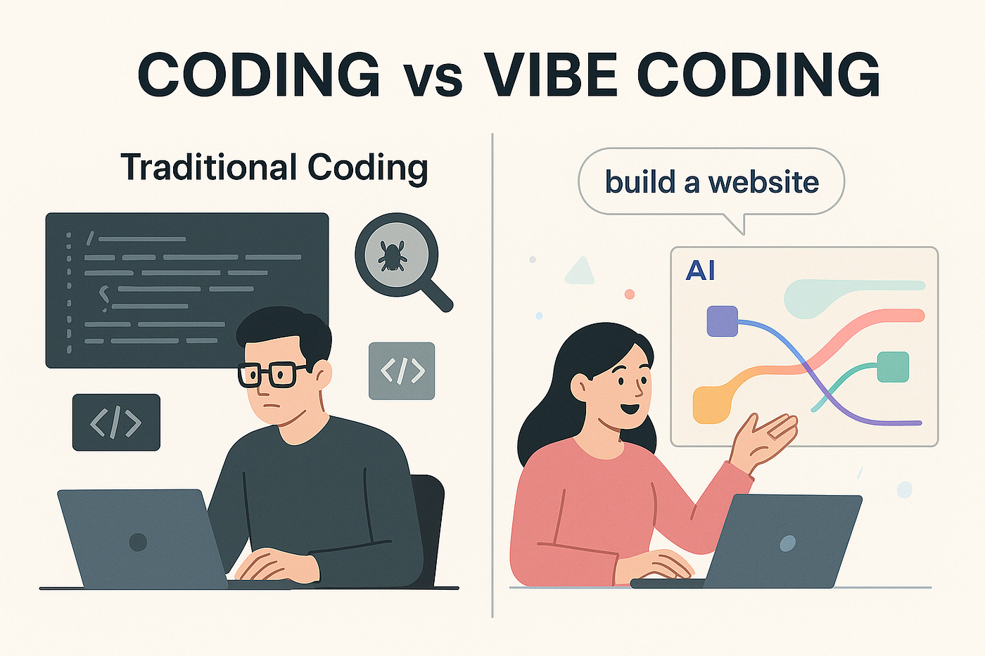 Visual comparison showing traditional coding on one side and AI vibecoding on the other, illustrating how describing intent replaces manual programming Visual comparison showing traditional coding on one side and AI vibecoding on the other, illustrating how describing intent replaces manual programming