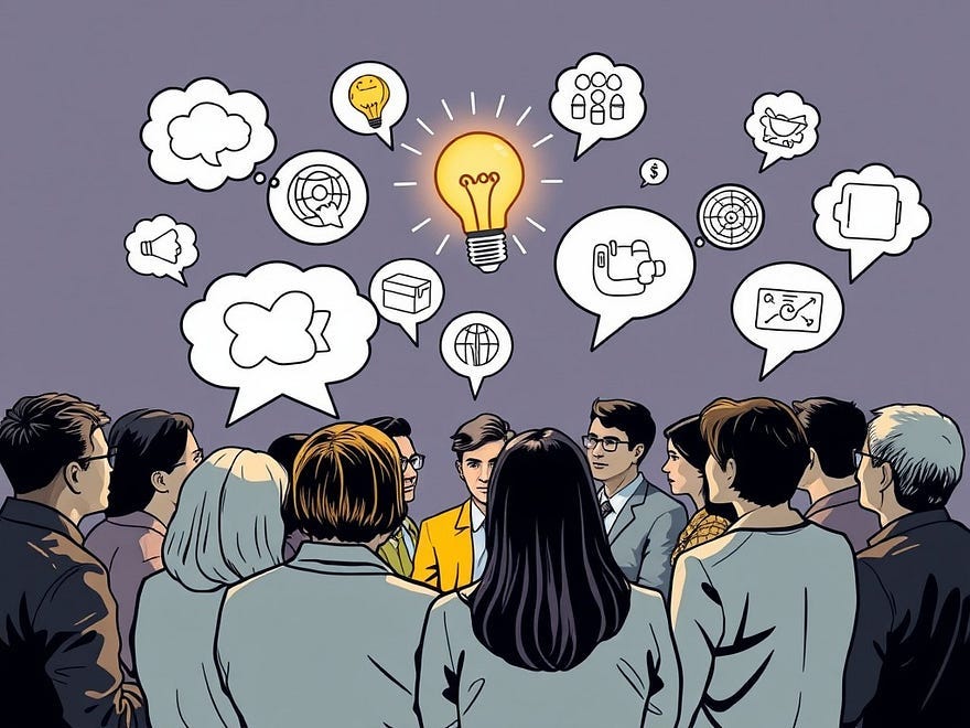 A picture of a diverse group of people engaged in a lively but respectful debate with thought bubbles showing different ideas colliding and merging into lightbulb moments.