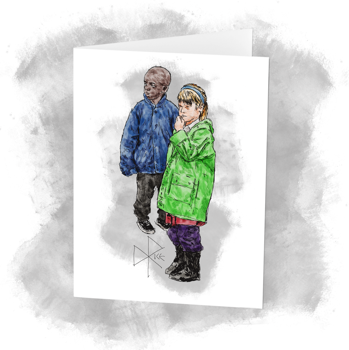 Two children stand together in outdoor clothes, enjoying their day as they participate in a field trip organized by their school. Sketch art by Don Rice.