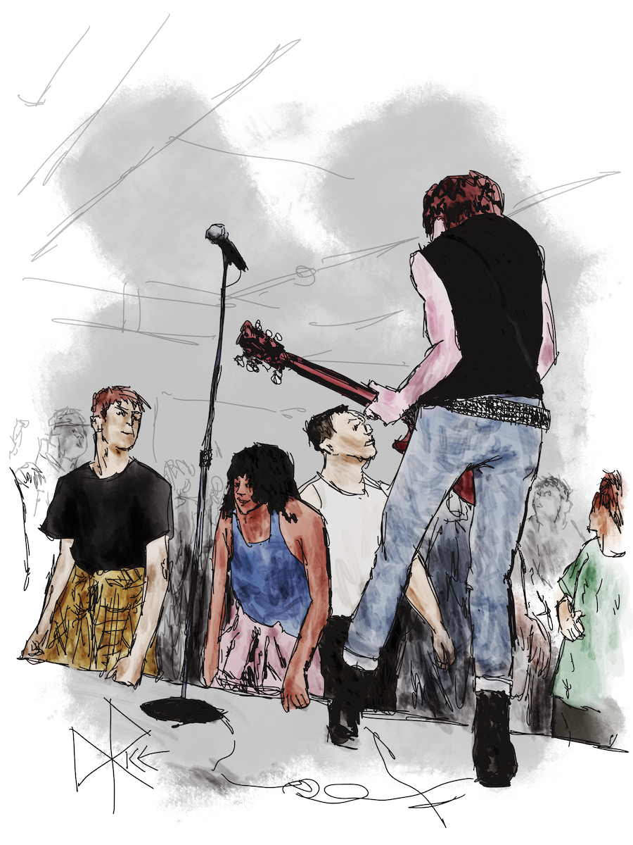Posterior view of a guitarist near the front edge of a low stage in a small venue, as the crowd enjoys the rock show. Sketch art by Don Rice. Posterior view of a guitarist near the front edge of a low stage in a small venue, as the crowd enjoys the rock show. Sketch art by Don Rice.
