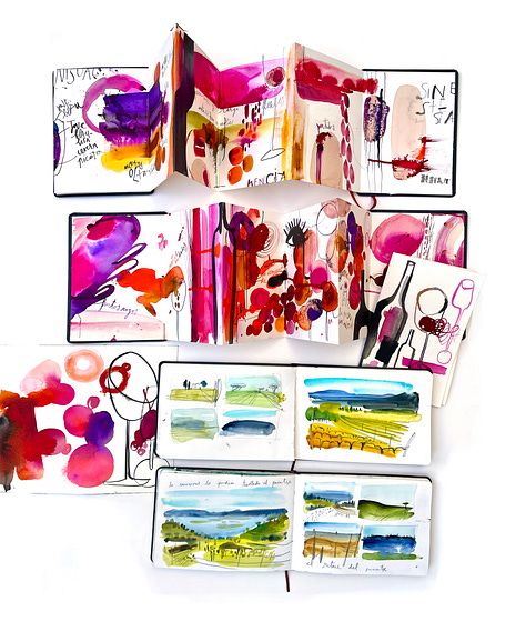 A selection of six images from different projects, including illustrations, a mural fragment, professional artwork, sketching scenes and pages from wine sketchbooks