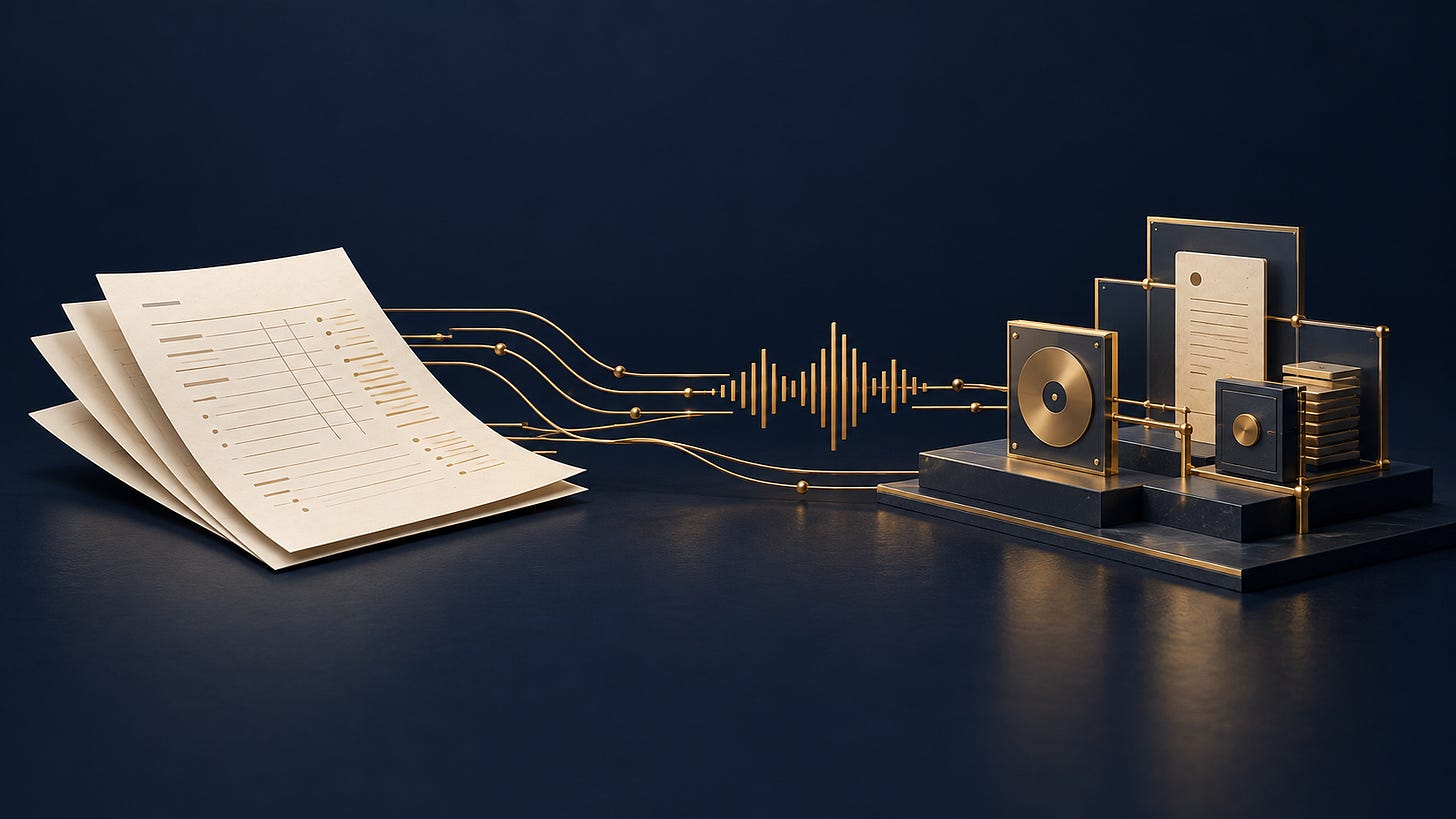 Royalty statements connect through a gold sound waveform to structured music rights and payment arrangements Royalty statements connect through a gold sound waveform to structured music rights and payment arrangements