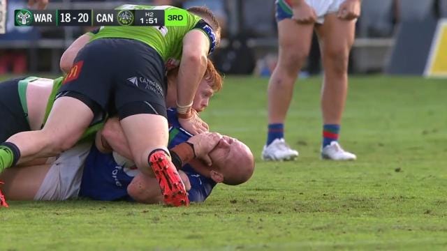 NRL 2022: Corey Horsburgh tackle on Matt Lodge, Warriors v Canberra  Raiders, penalty, video, high shot, laying down, Brent Tate, Steve Roach,  Brenton Speed
