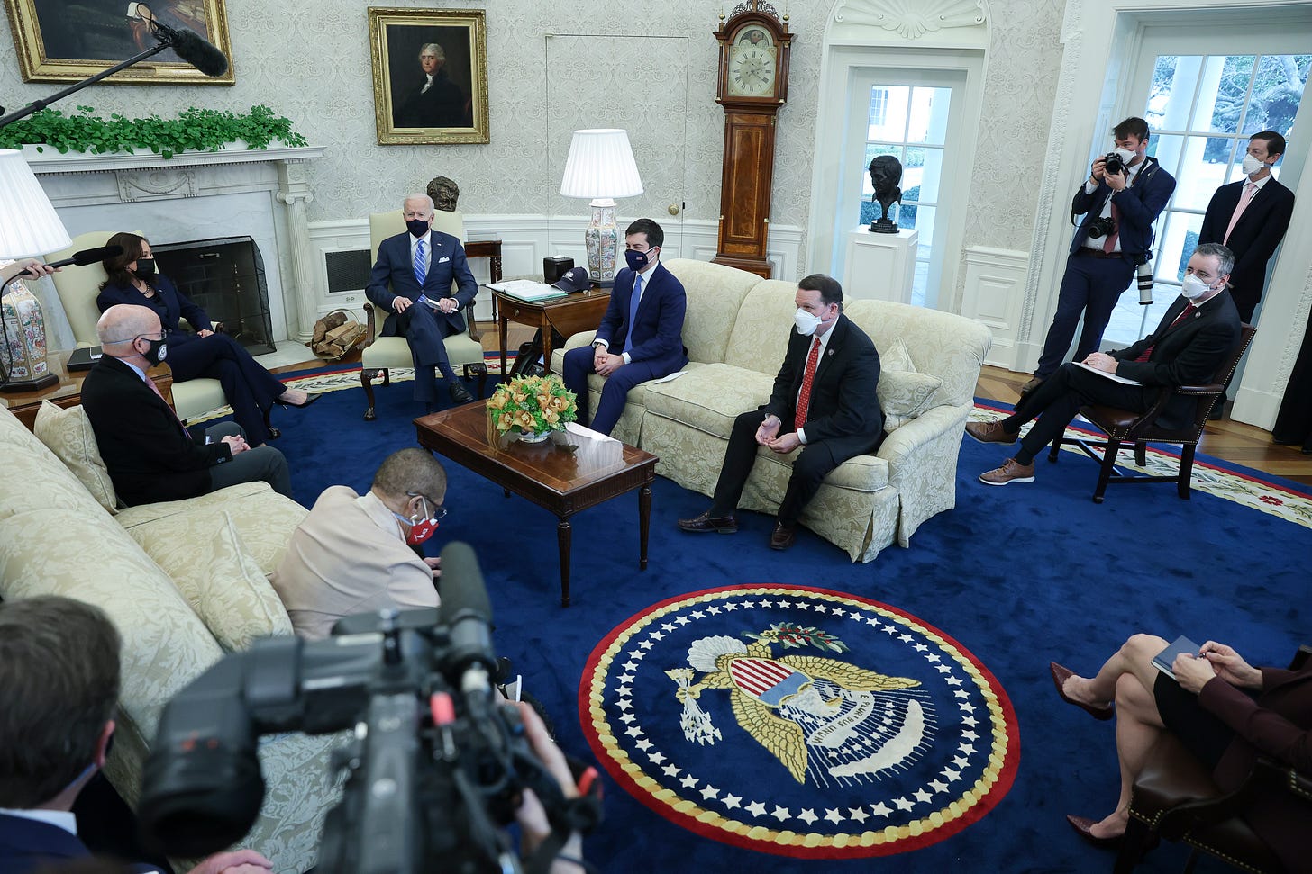 President Joe Biden, Vice President Kamala Harris, and Transportation Secretary Pete Buttigieg meet with a bipartisan group of House members on infrastructure in the Oval Office of the White House March 4, 2021 in Washington, DC. During his campaign, President Biden proposed spending $2 trillion on infrastructure and clean energy in his first term