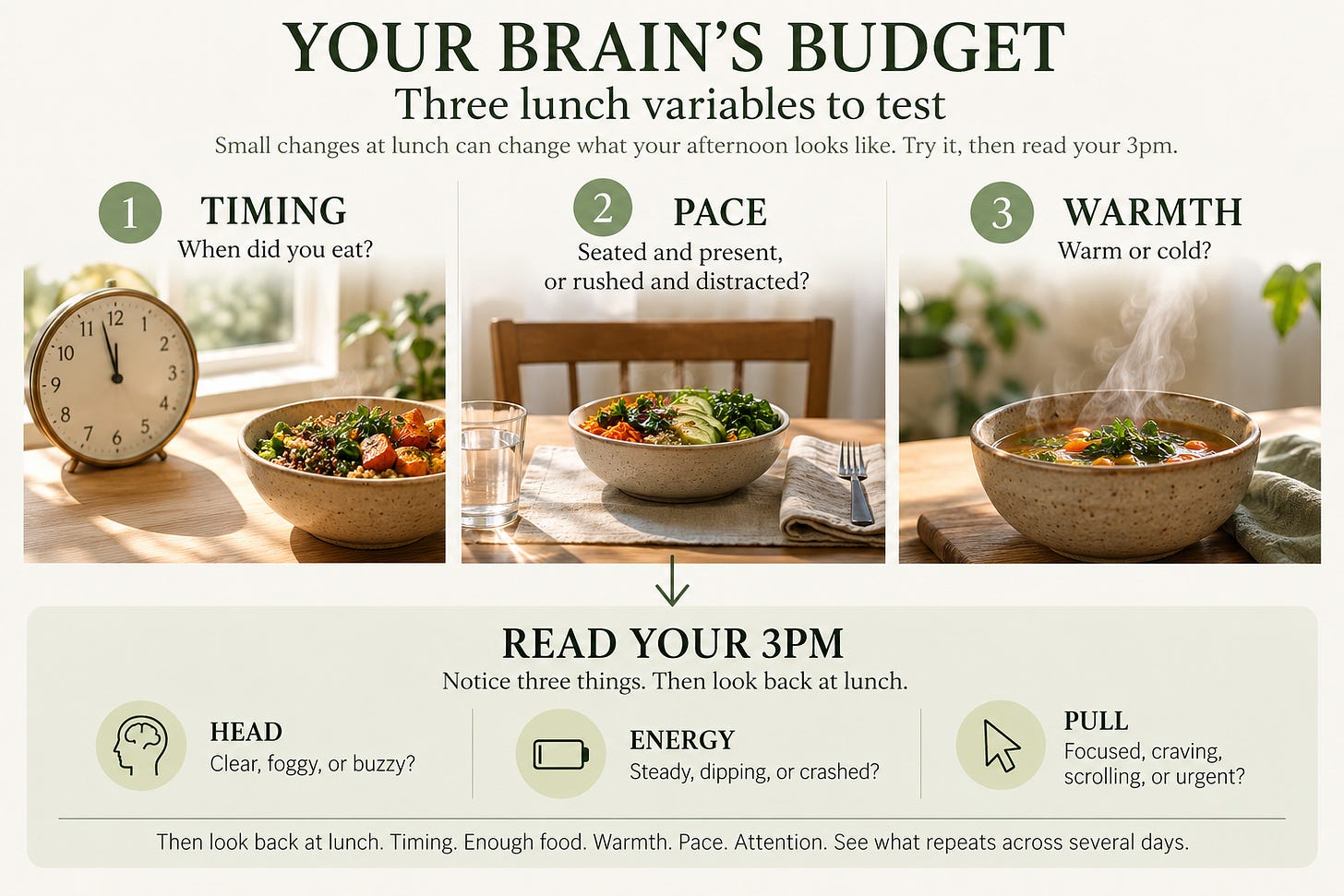 Infographic showing three lunch variables to test: timing, pace, and warmth, followed by a 3pm check for head clarity, energy, and what you’re pulled toward. Infographic showing three lunch variables to test: timing, pace, and warmth, followed by a 3pm check for head clarity, energy, and what you’re pulled toward.