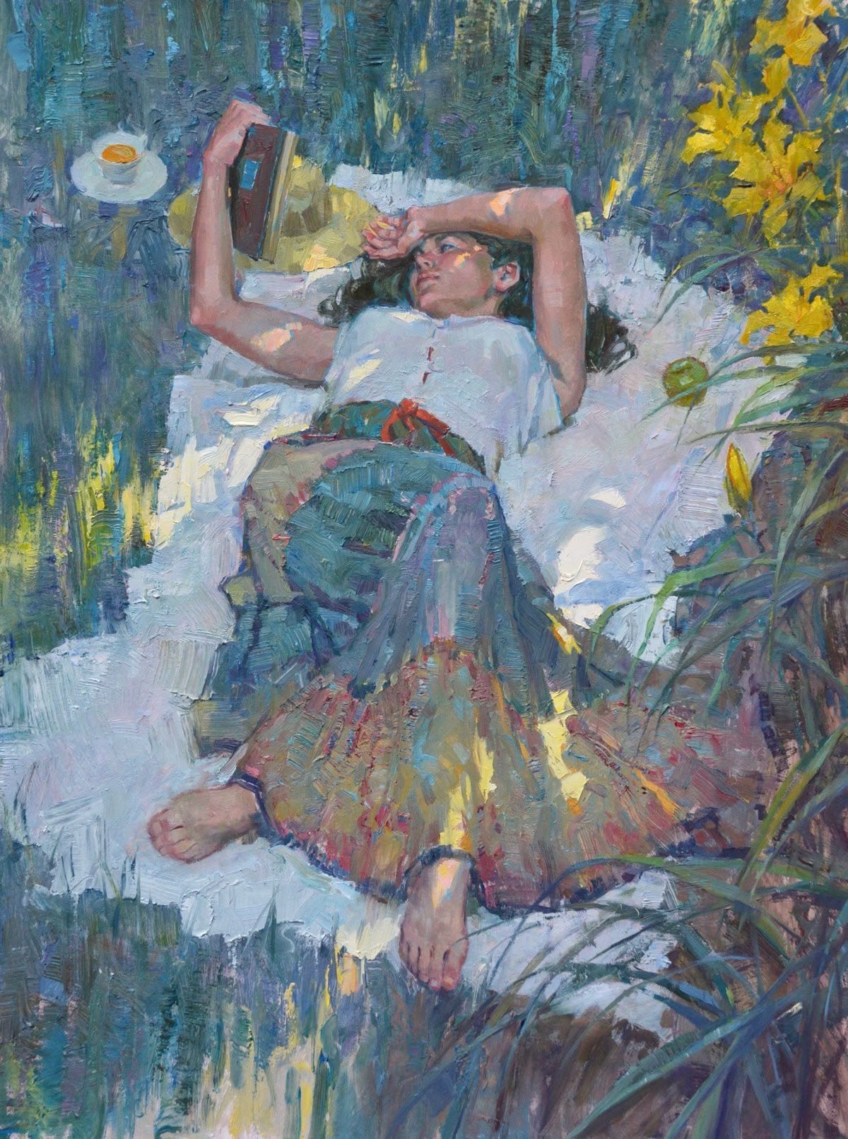 painting of a girl lying on a picnic blanket reading in the sun