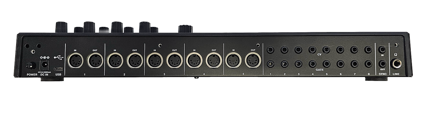 all black back panel of the Behringer IGNITE sequencer showing 10 mini 5 pin connectors with CV /Gate outs all black back panel of the Behringer IGNITE sequencer showing 10 mini 5 pin connectors with CV /Gate outs