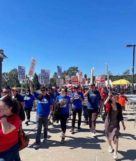 six pictures of faculty and staff union members and students from Cal State LA wearing union shirts and holding up signs that read "strike ready" and "faculty learning conditions are student learning conditions"