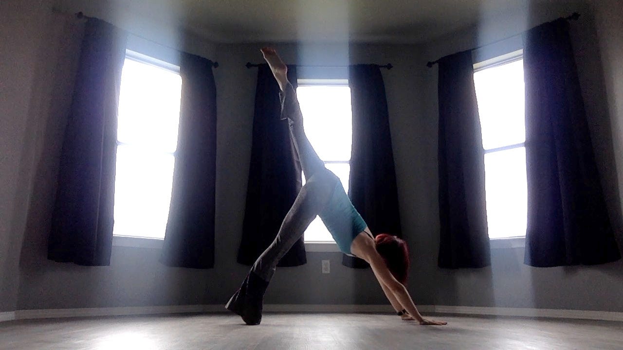 Lyric, doing a downward dog variation with their back leg up. This is in their old bedroom, before Lyric and David moved into their first RV. Lyric, doing a downward dog variation with their back leg up. This is in their old bedroom, before Lyric and David moved into their first RV.