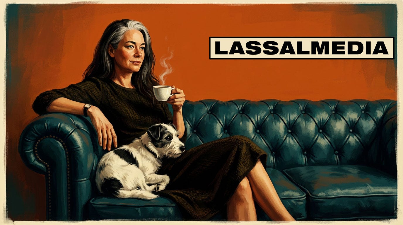 Illustratorin mit Kaffee und Hund auf dem Sofa, LassalMedia-Schriftzug