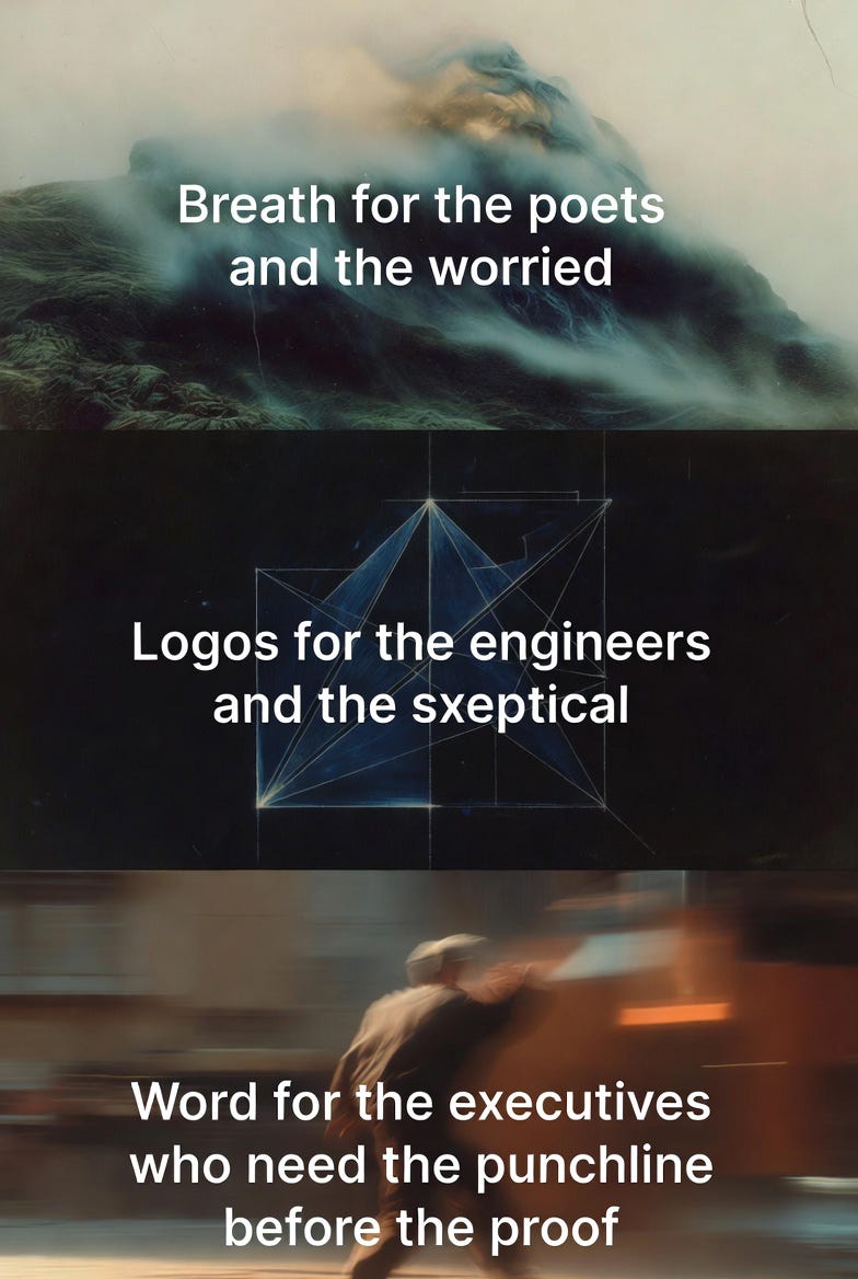 A three-panel symbolic photograph sequence with abstract scenes, progressing from intuition to logic to action.