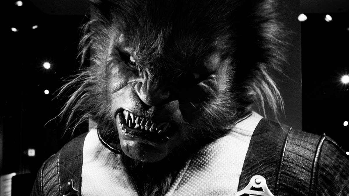 Black and white photograph of a werewolf costume. Black and white photograph of a werewolf costume.