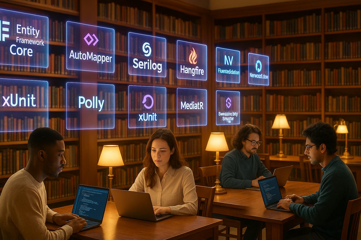 Four people work on laptops in a library, surrounded by floating holographic icons of developer tools and frameworks like Entity Framework Core, AutoMapper, Serilog, Hangfire, FluentValidation, and xUnit. Four people work on laptops in a library, surrounded by floating holographic icons of developer tools and frameworks like Entity Framework Core, AutoMapper, Serilog, Hangfire, FluentValidation, and xUnit.