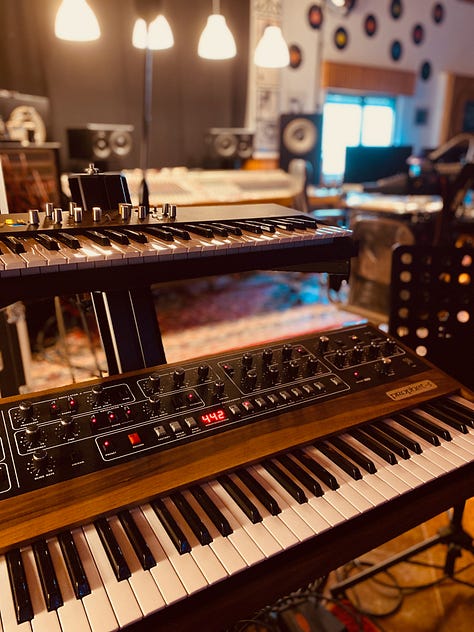 Inside the Supertone Records studio, showing lots lots of analog keyboards