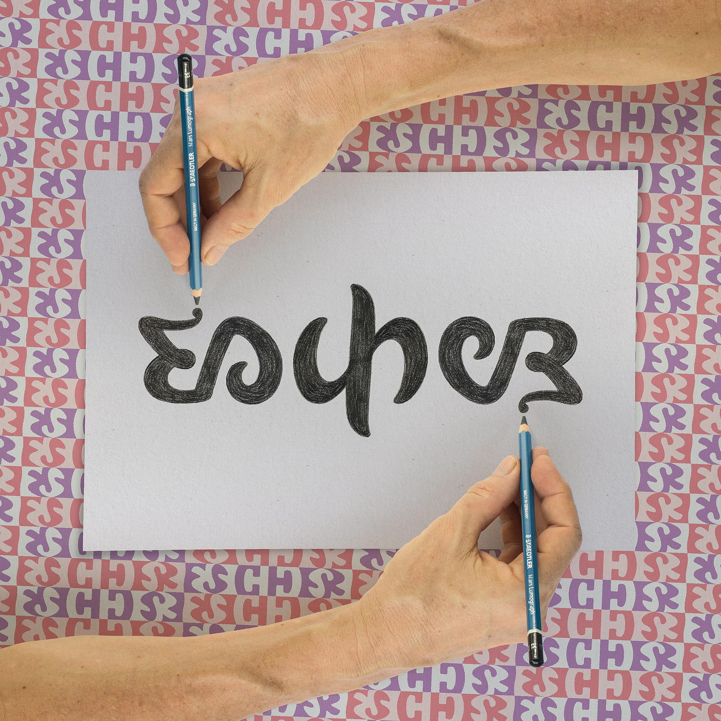 Ambigram Escher and tessellation background photomontage wit Ambigram Escher and tessellation background photomontage wit