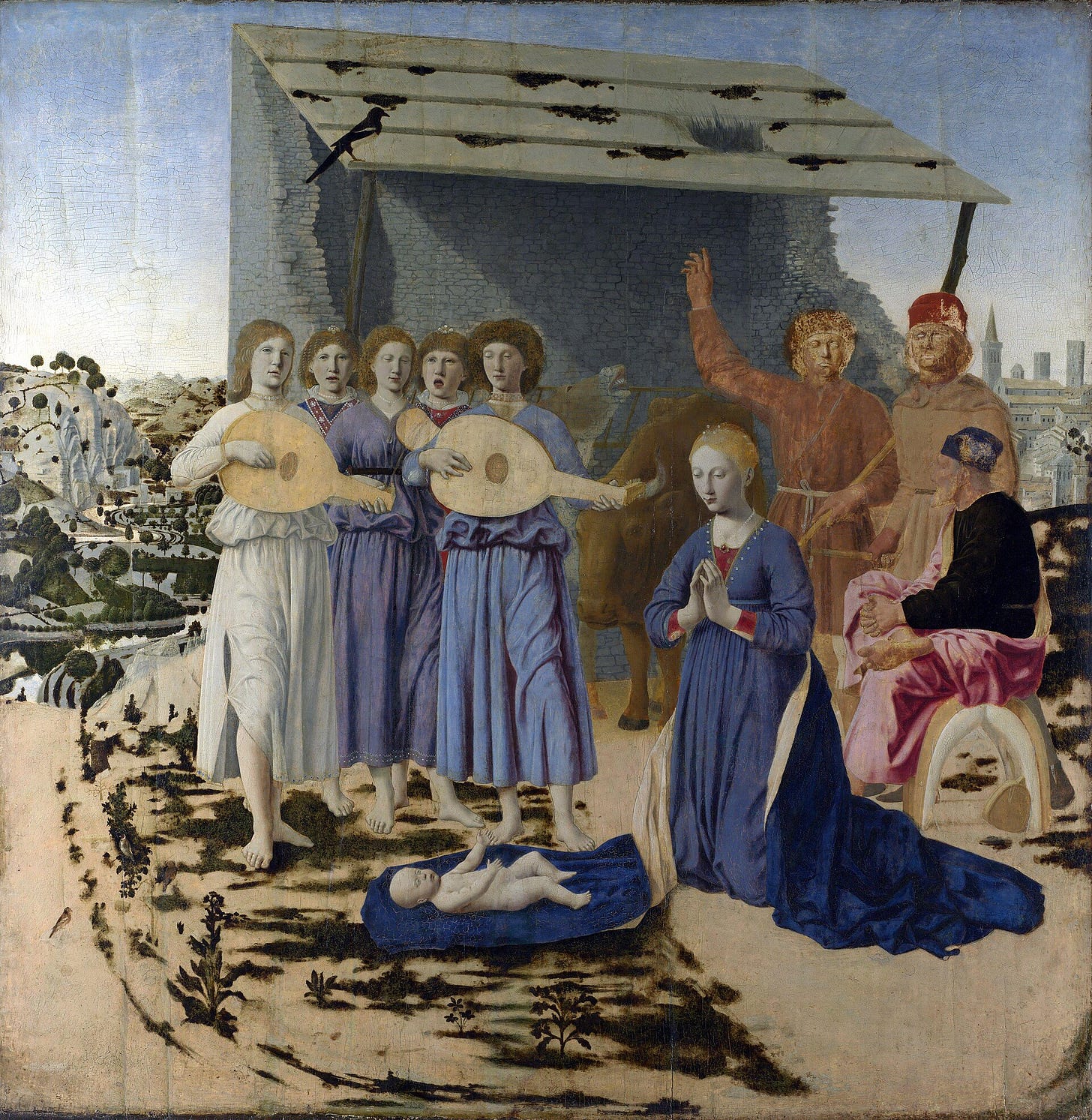 On a bare patch of ground before a crumbling stable, the Virgin kneels in prayer over the naked child lying on her cloak, while five angels sing and play lutes, Joseph sits on a saddle, two shepherds point to the sky, a donkey brays and a magpie perches on the roof. On a bare patch of ground before a crumbling stable, the Virgin kneels in prayer over the naked child lying on her cloak, while five angels sing and play lutes, Joseph sits on a saddle, two shepherds point to the sky, a donkey brays and a magpie perches on the roof.
