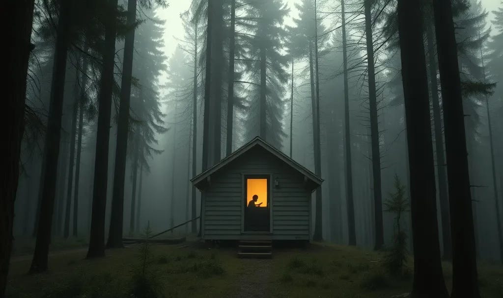 A small wooden cabin deep in a forest with warm light glowing through the window