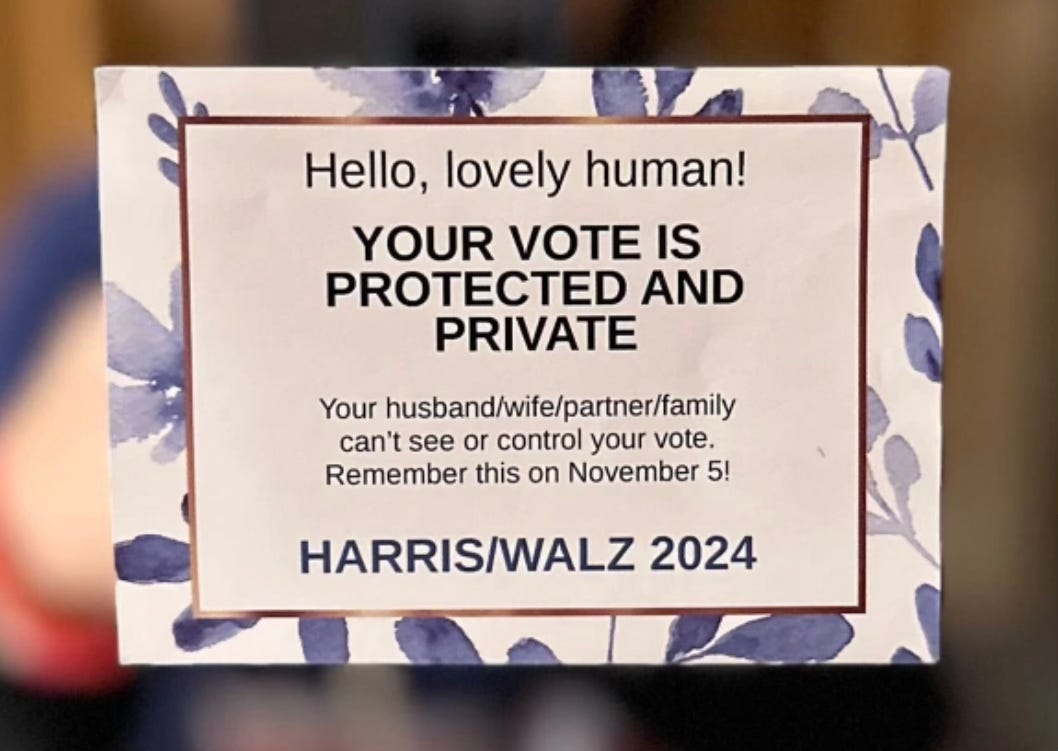 A post-it note message on a mirror reads: Hello, lovely human. Your vote is protected and private. Your husband/wife/partner/family can't see or control your vote. Remember this on November 5th! Harris/Walz 2024
