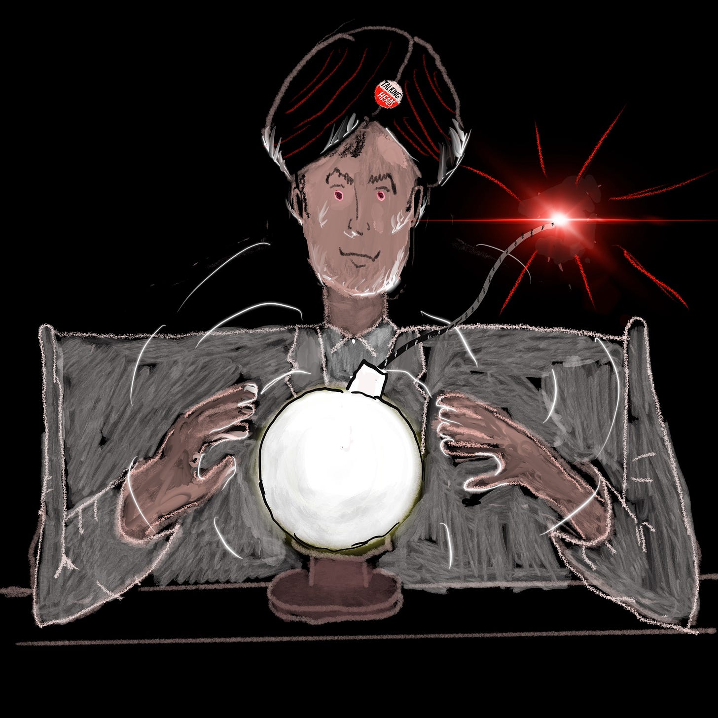 David Byrne staring into a crystal ball