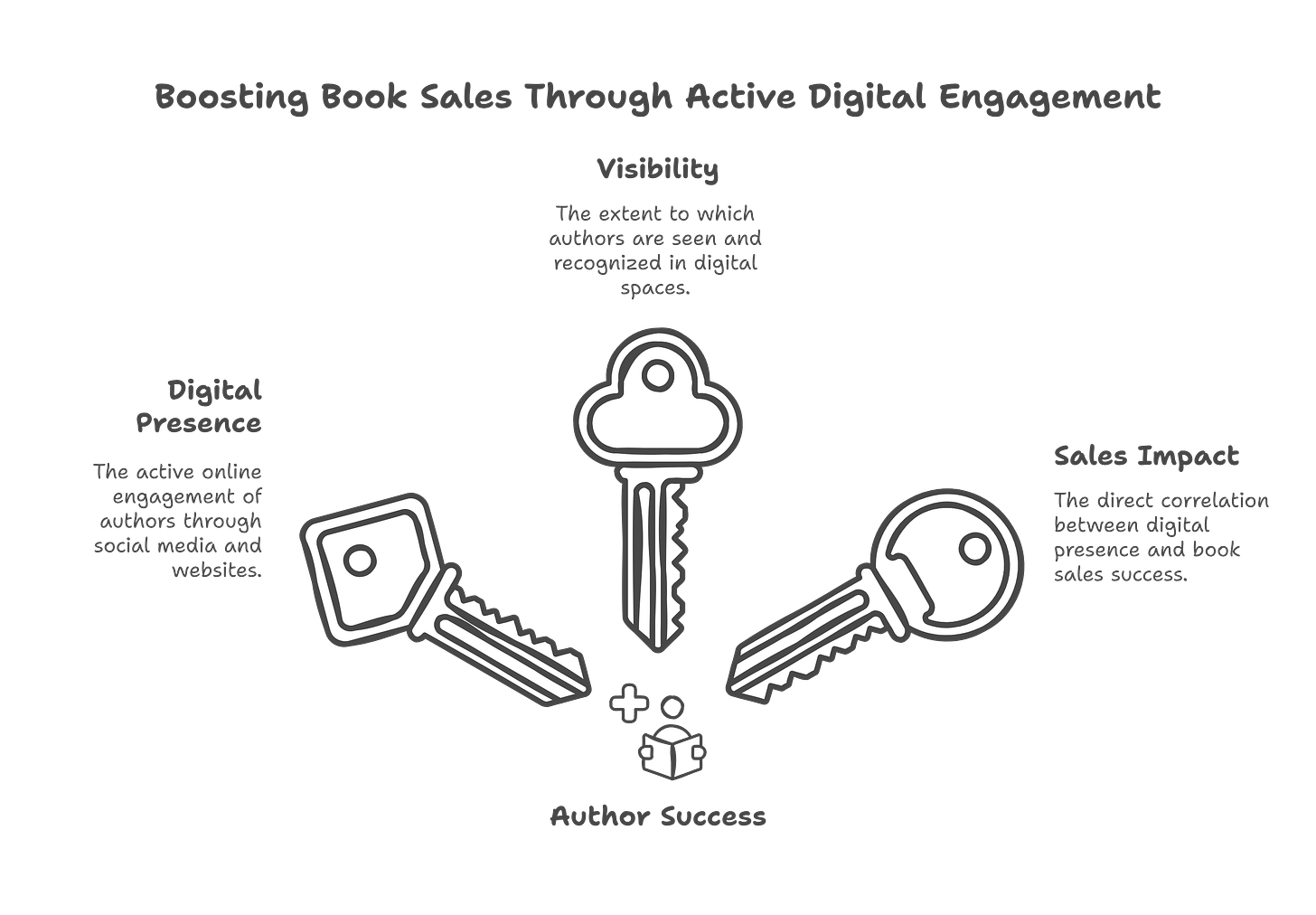 A black-and-white infographic titled "Boosting Book Sales Through Active Digital Engagement". The image features three keys labeled "Visibility", "Digital Presence", and "Sales Impact", converging toward an icon representing "Author Success". Each key has a brief description: "Visibility" refers to how well authors are seen in digital spaces, "Digital Presence" highlights engagement through social media and websites, and "Sales Impact" represents the correlation between digital activity and book sales. The design emphasizes the importance of digital engagement for author success.