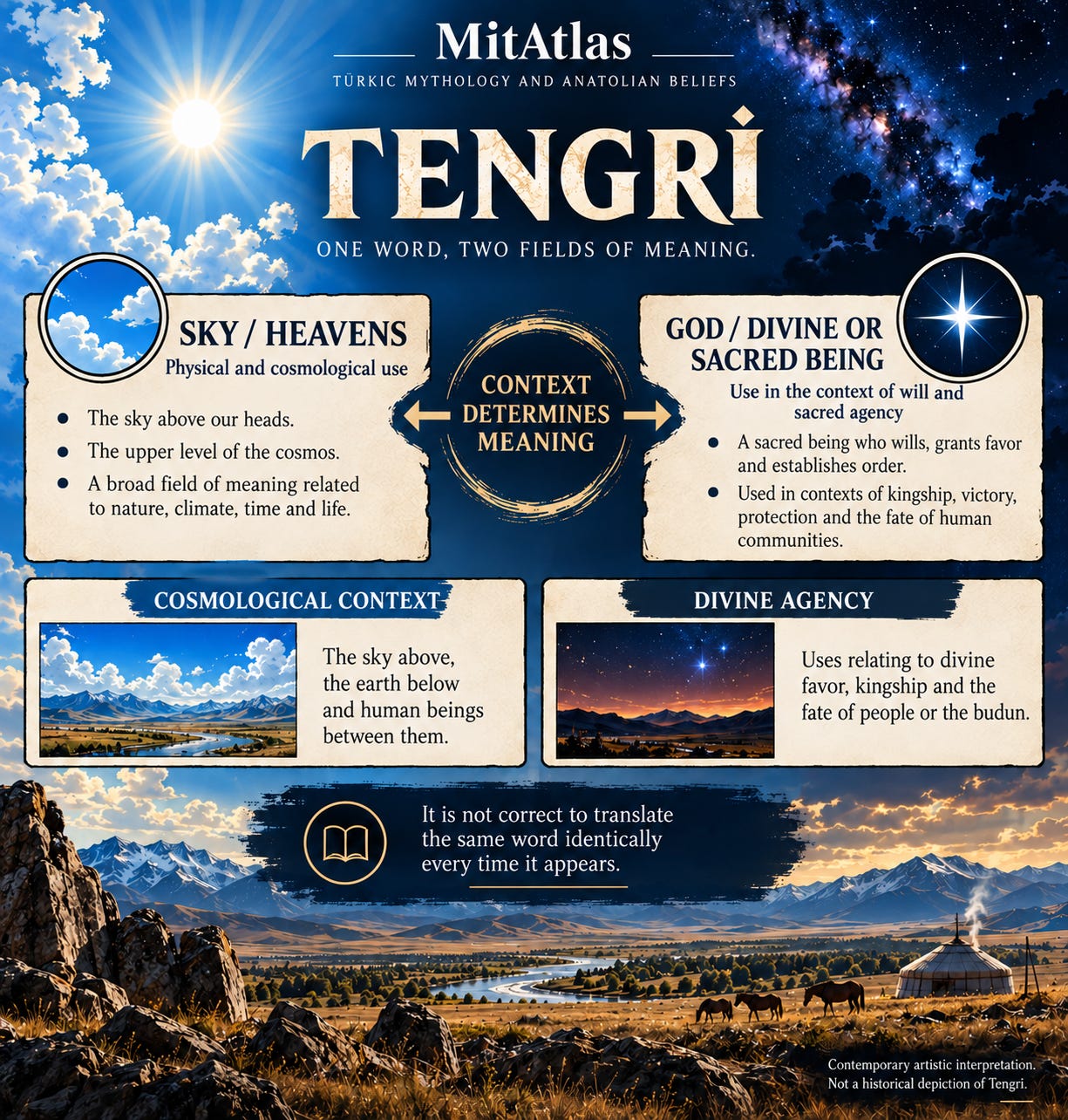 English diagram explaining Tengri as sky or heavens and as divine or sacred agency, depending on context