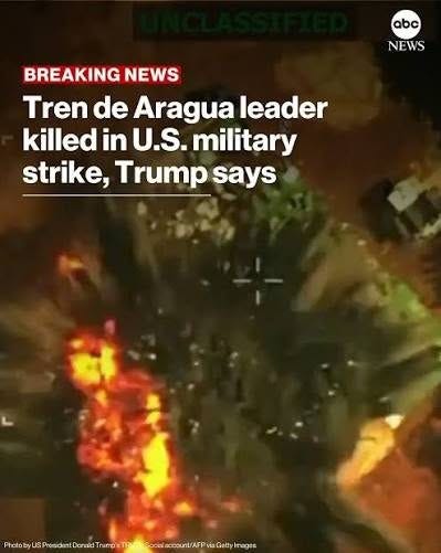 May be an image of ‎text that says '‎abc NEWS BREAKING NEWS Tren de Aragua leader killed in U.S. military strike, Trump says hthuaeawm دنا pcielacosunt/ASPv VES‎'‎
