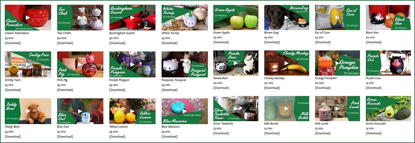 Photos of 24 pomodoro timers in different shapes (owl, panda, turnip etc!)