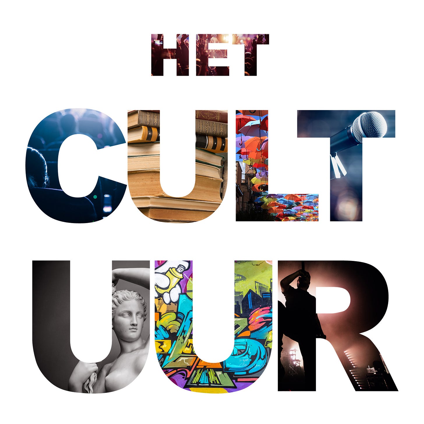 Tegen een witte achtergrond zie je de titel Het Cultuur, maar het coole is dat je in de letters allerlei foto's van culuuruitingen ziet zoals een bioscoopzaal, een stapel boeken, een microfoon op een podium, een standbeeld, graffiti kunst en feestende mensen 