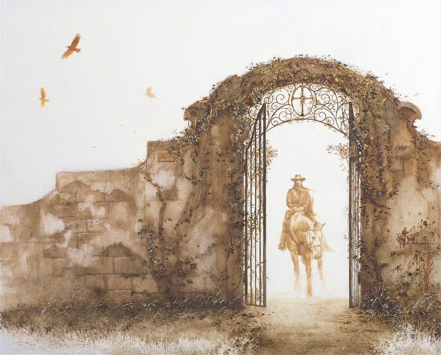 Roland as seen mounted on a horse through an open gate with ornate ironwork above that features a stylized cross surrounded by flourishes. The low wall and curve over the gate suggests the style of a Spanish mission. The texture of the wall is smooth as if plastered over but shows mortar lines in the longer section to the left. Untended, plants are growing up the wall suggesting a desolate location. On the right, a mess of bloody handprints hint that there might be more horrors waiting inside the gate. The painting is limited to earthy tones with the immediate foreground incompletely rendered scrub grass with white showing through at the immediate edge. The sky is unfinished with the silhouette of birds (raven or crow) soaring as if scouting for carrion. Roland as seen mounted on a horse through an open gate with ornate ironwork above that features a stylized cross surrounded by flourishes. The low wall and curve over the gate suggests the style of a Spanish mission. The texture of the wall is smooth as if plastered over but shows mortar lines in the longer section to the left. Untended, plants are growing up the wall suggesting a desolate location. On the right, a mess of bloody handprints hint that there might be more horrors waiting inside the gate. The painting is limited to earthy tones with the immediate foreground incompletely rendered scrub grass with white showing through at the immediate edge. The sky is unfinished with the silhouette of birds (raven or crow) soaring as if scouting for carrion.