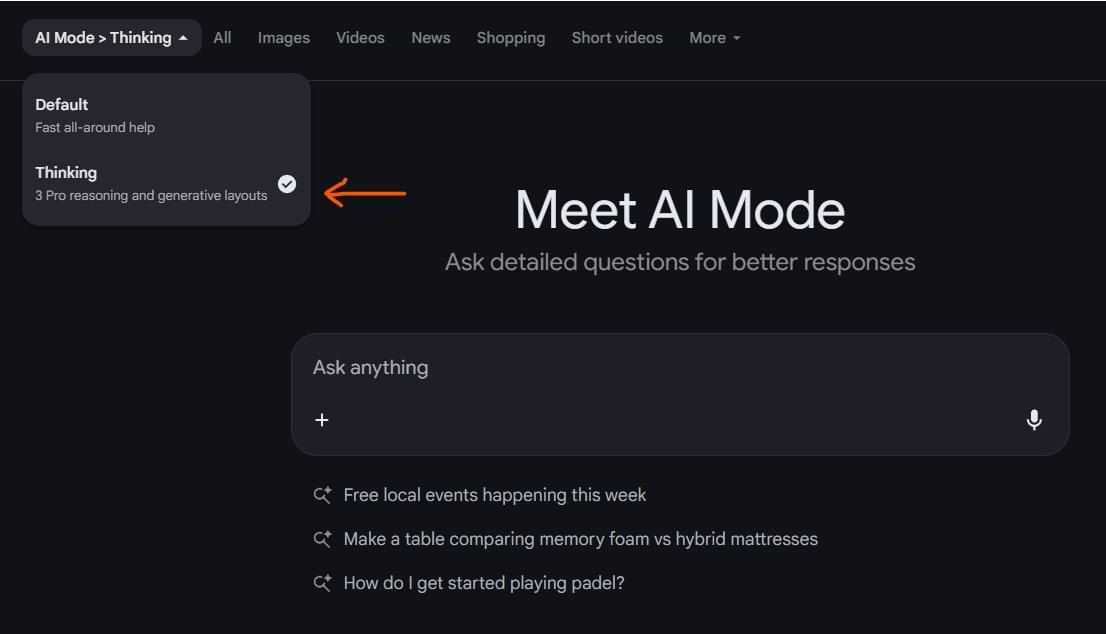 Google AI Mode interface showing the “Thinking” mode selected from the top-left dropdown. The page headline reads “Meet AI Mode” with a prompt bar and example queries below.