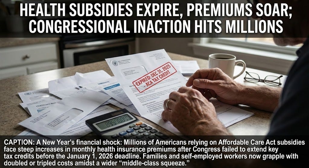 New Year's 2026 concept art showing stacks of high medical bills and tax forms on a kitchen table, symbolizing the expiration of ACA subsidies and the financial hit to the middle class.