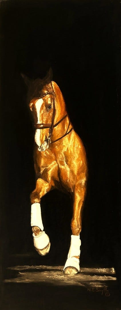A brown horse with white fur trailing down the middle of its face emerges from the darkness, hesitantly tromping forward. Its two front legs creep just out of the shadows, the lower parts wrapped in clean white bandages. On the left, its front leg is raised to make a next step. The path ahead of the horse is unclear. A brown horse with white fur trailing down the middle of its face emerges from the darkness, hesitantly tromping forward. Its two front legs creep just out of the shadows, the lower parts wrapped in clean white bandages. On the left, its front leg is raised to make a next step. The path ahead of the horse is unclear.