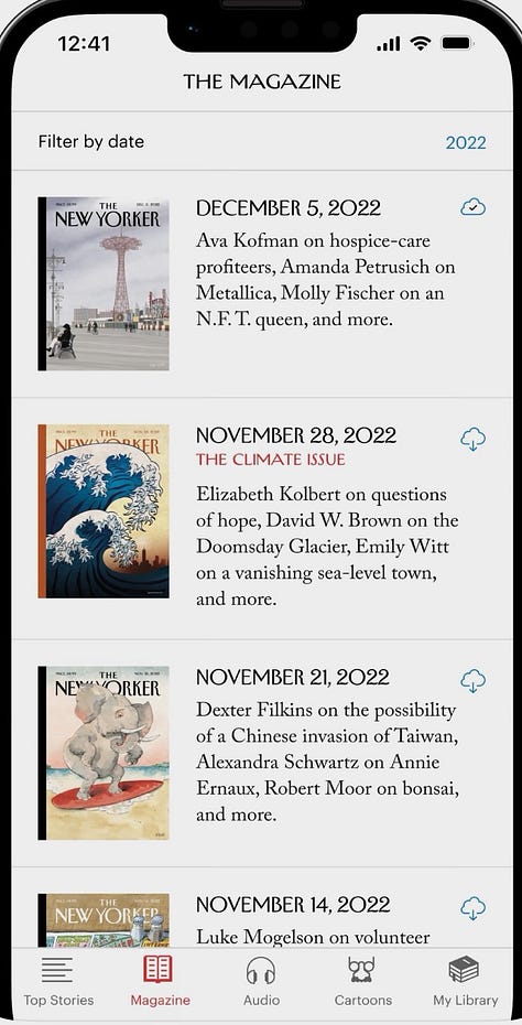 New Yorker "Magazine" page displays for mobile and desktop